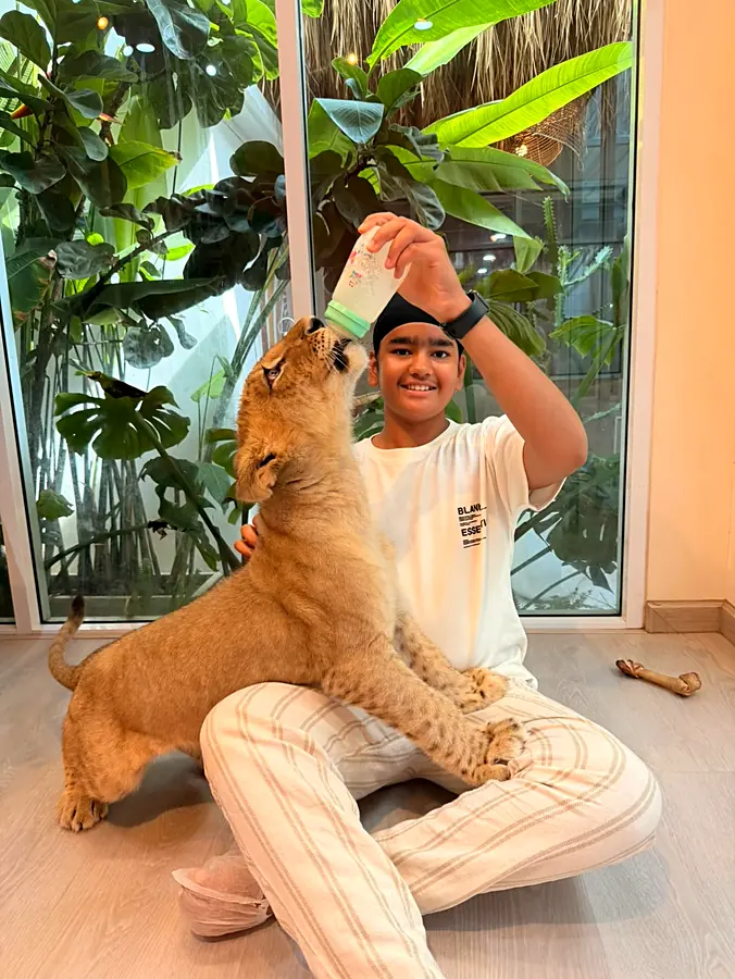 Sitting cross-legged on the floor holding a bottle up for a lion cub