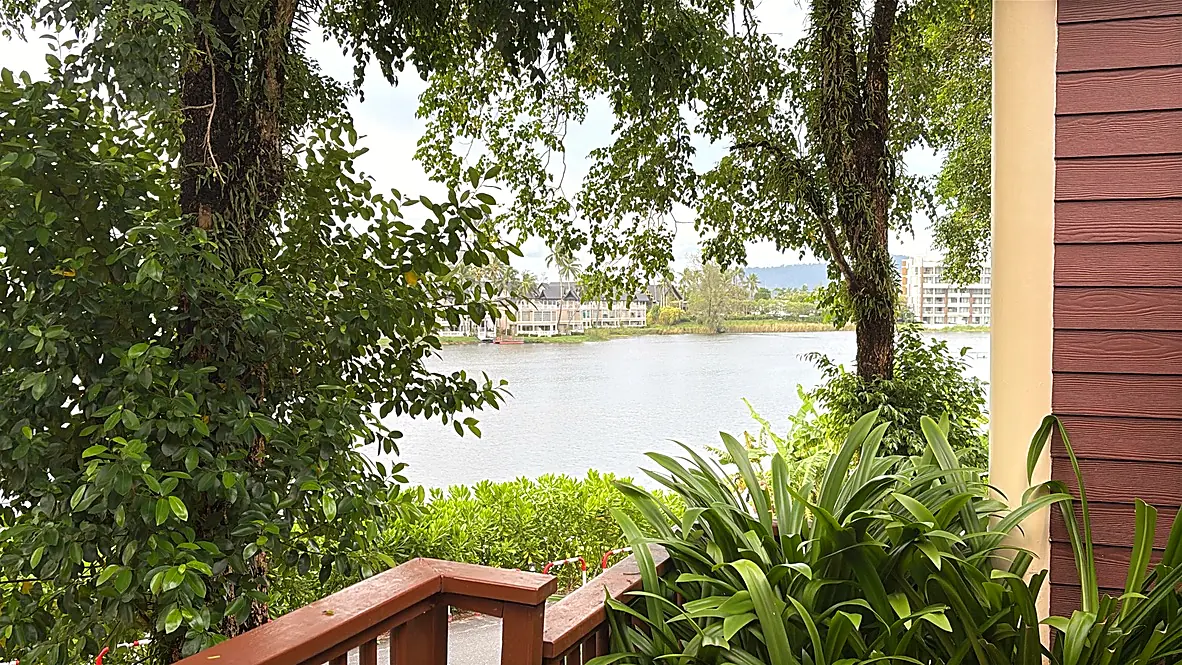A still lagoon seen through heavy green foliage from a resort walkway